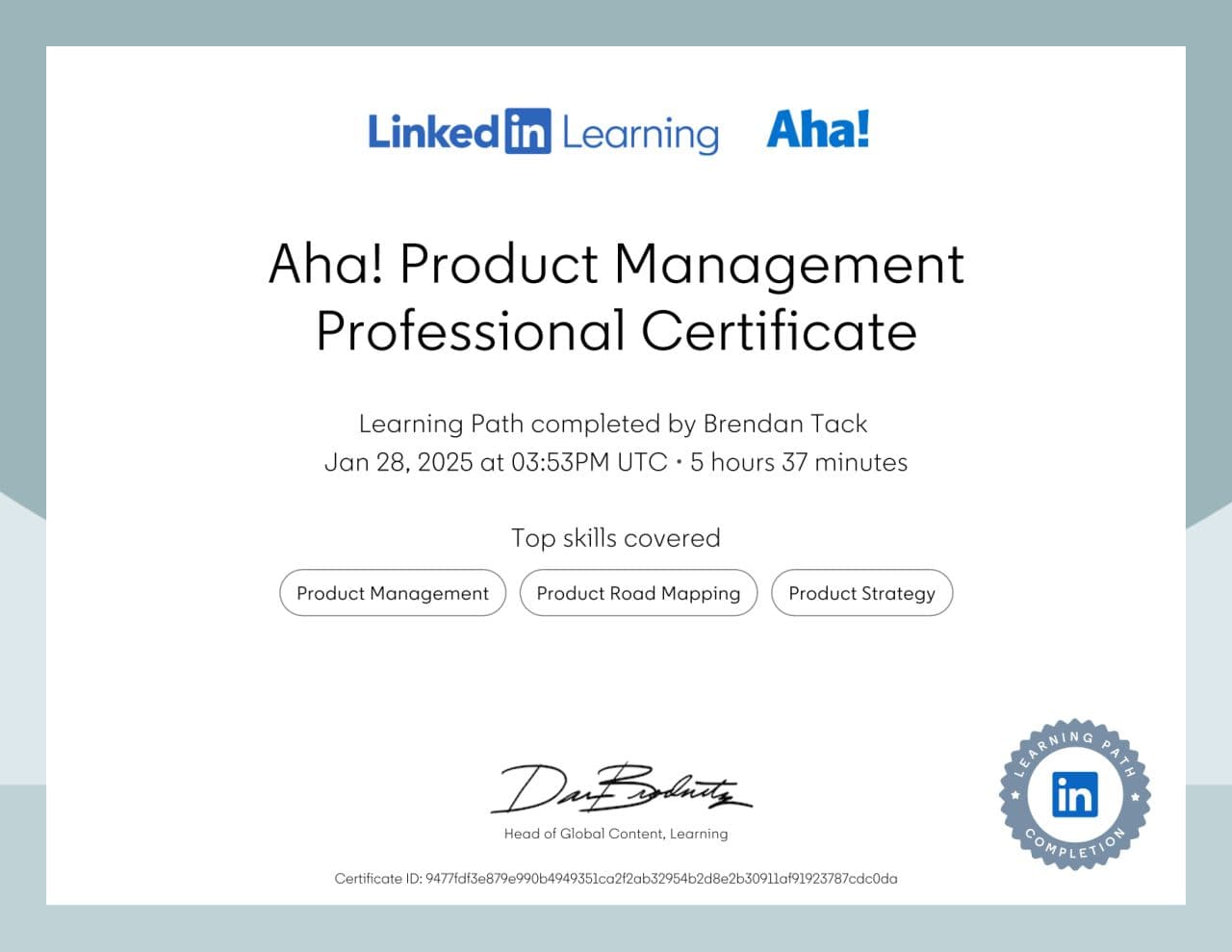 Aha! Product Management Professional Certificate certificate
