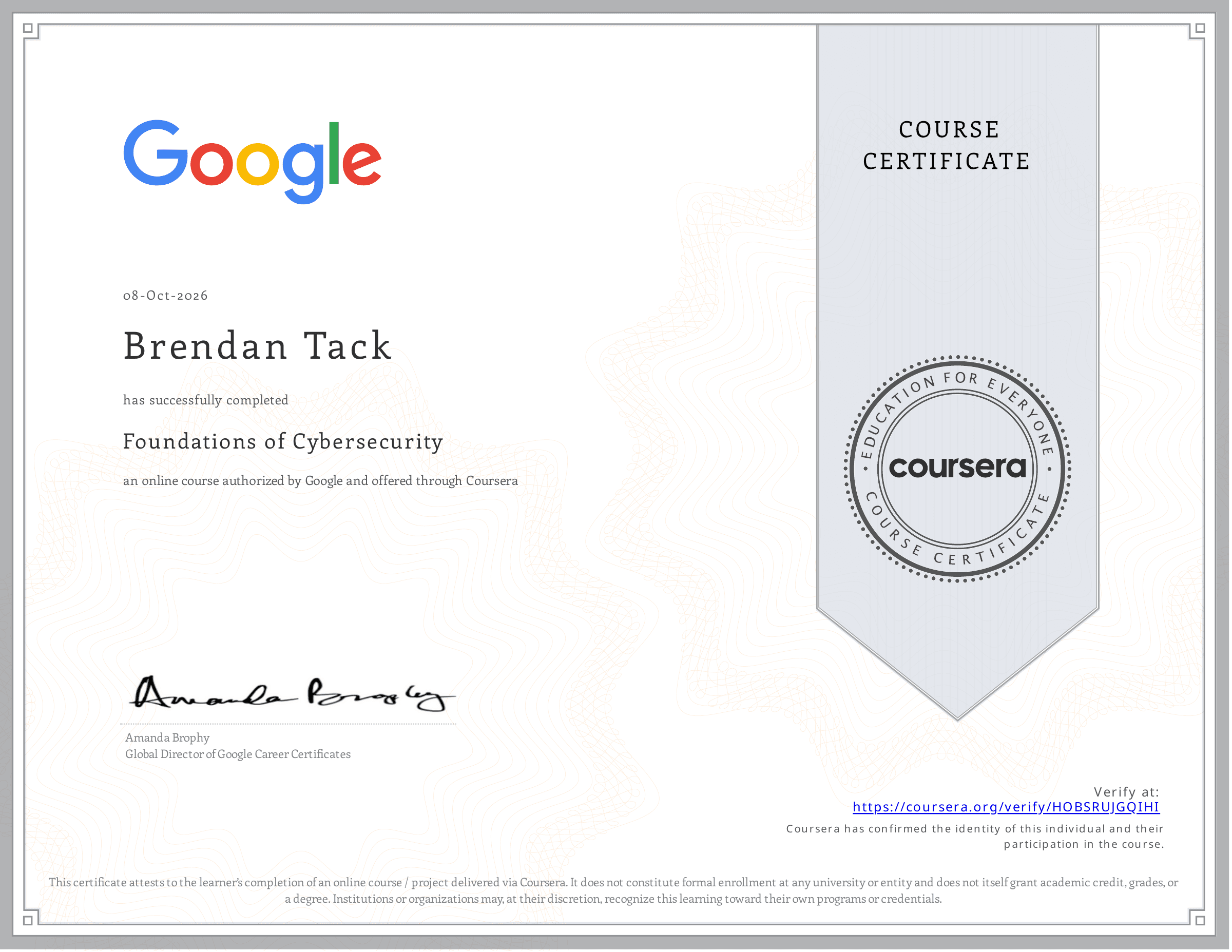 Foundations of Cybersecurity certificate