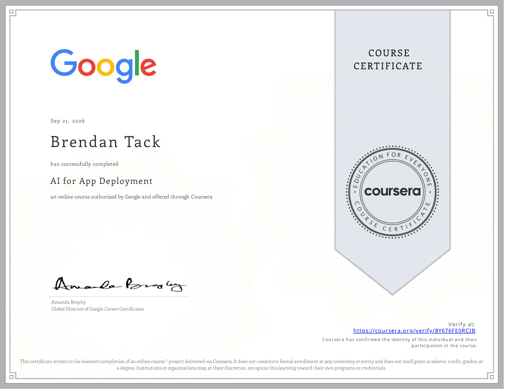 Google AI for App Deployment certificate