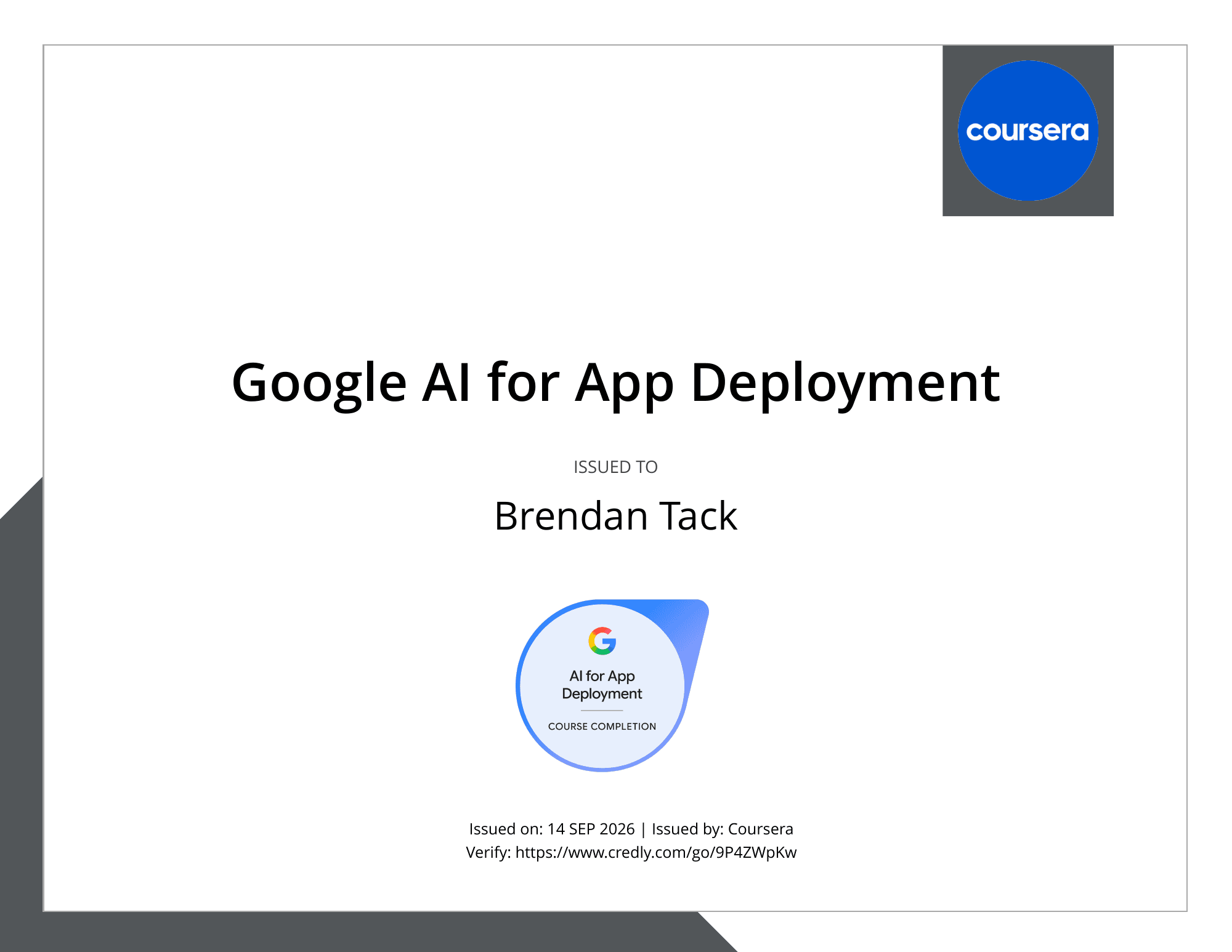 Google AI for App Deployment certificate