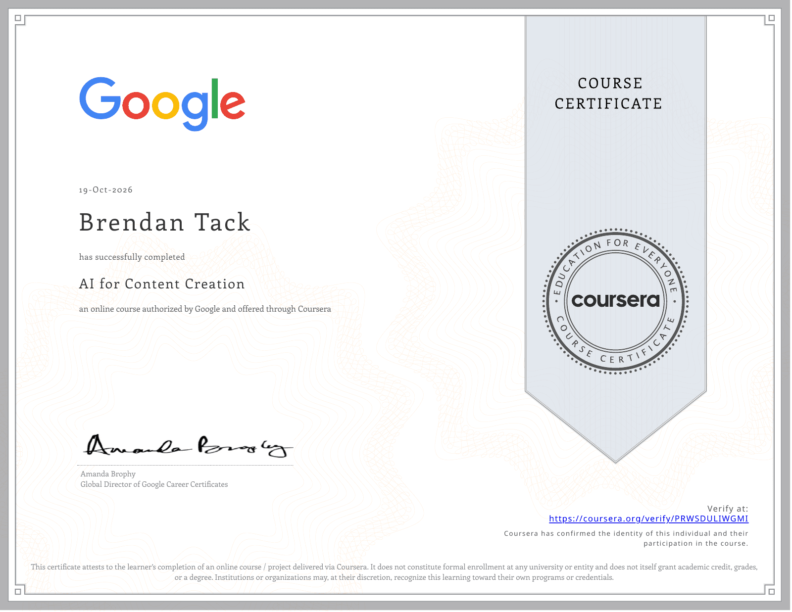 AI for Content Creation certificate
