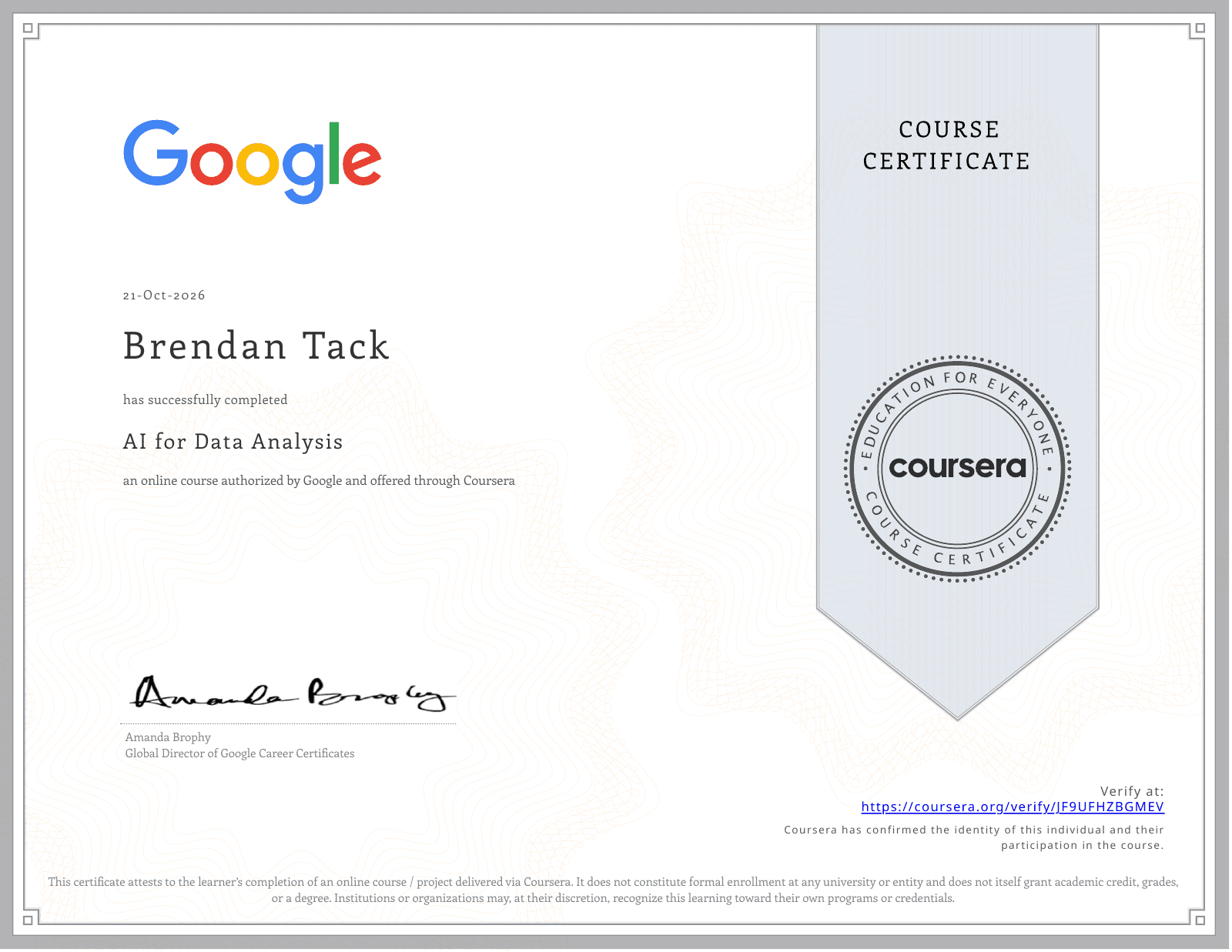 AI for Data Analysis certificate