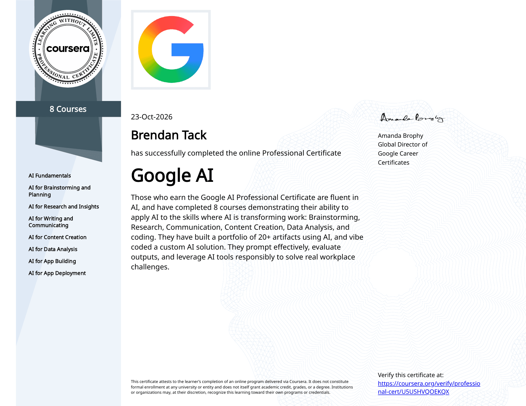 Brendan Tack’s Google AI Professional Certificate, completed October 23, 2026