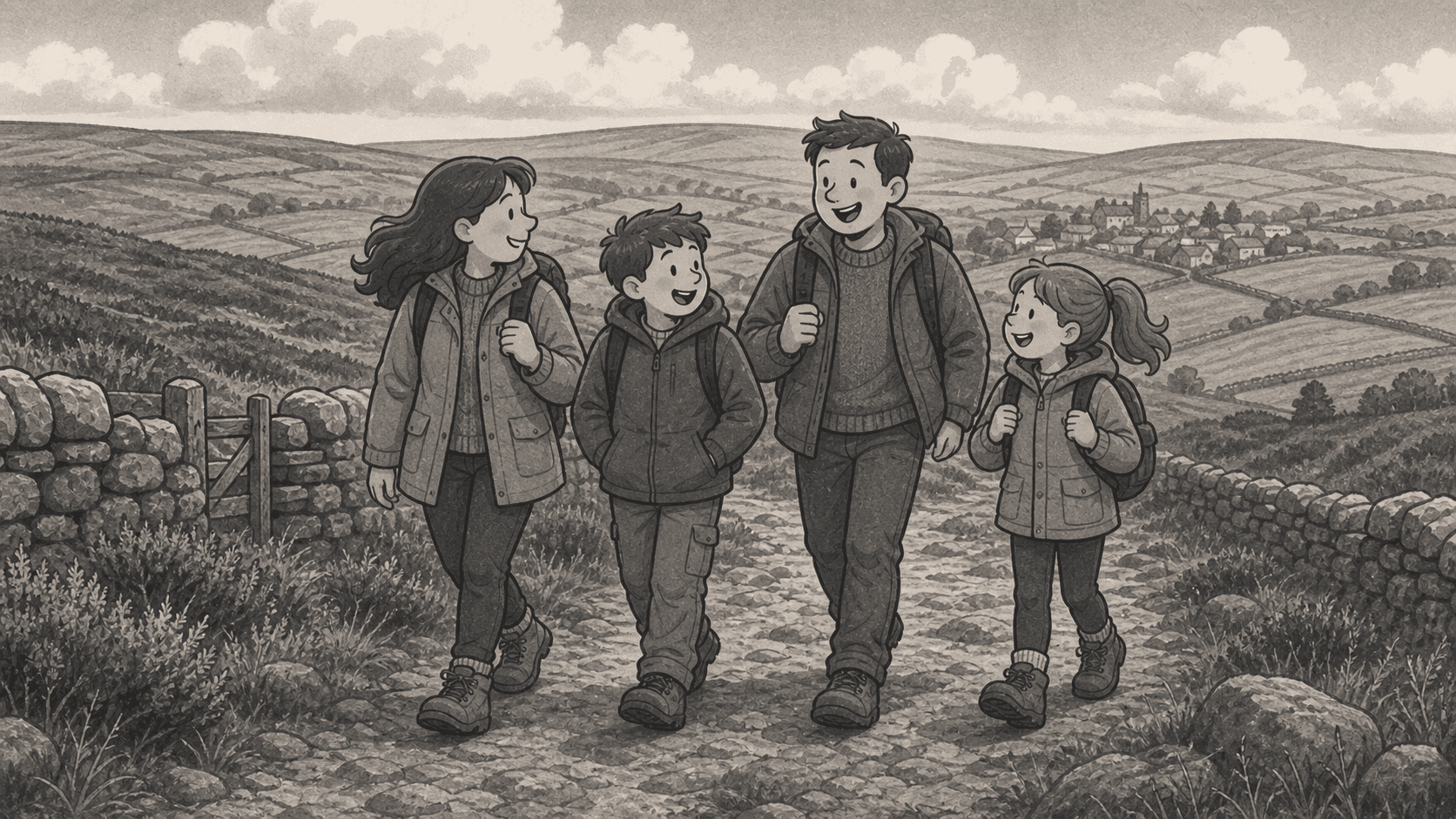 Family walking together through the North Yorkshire countryside