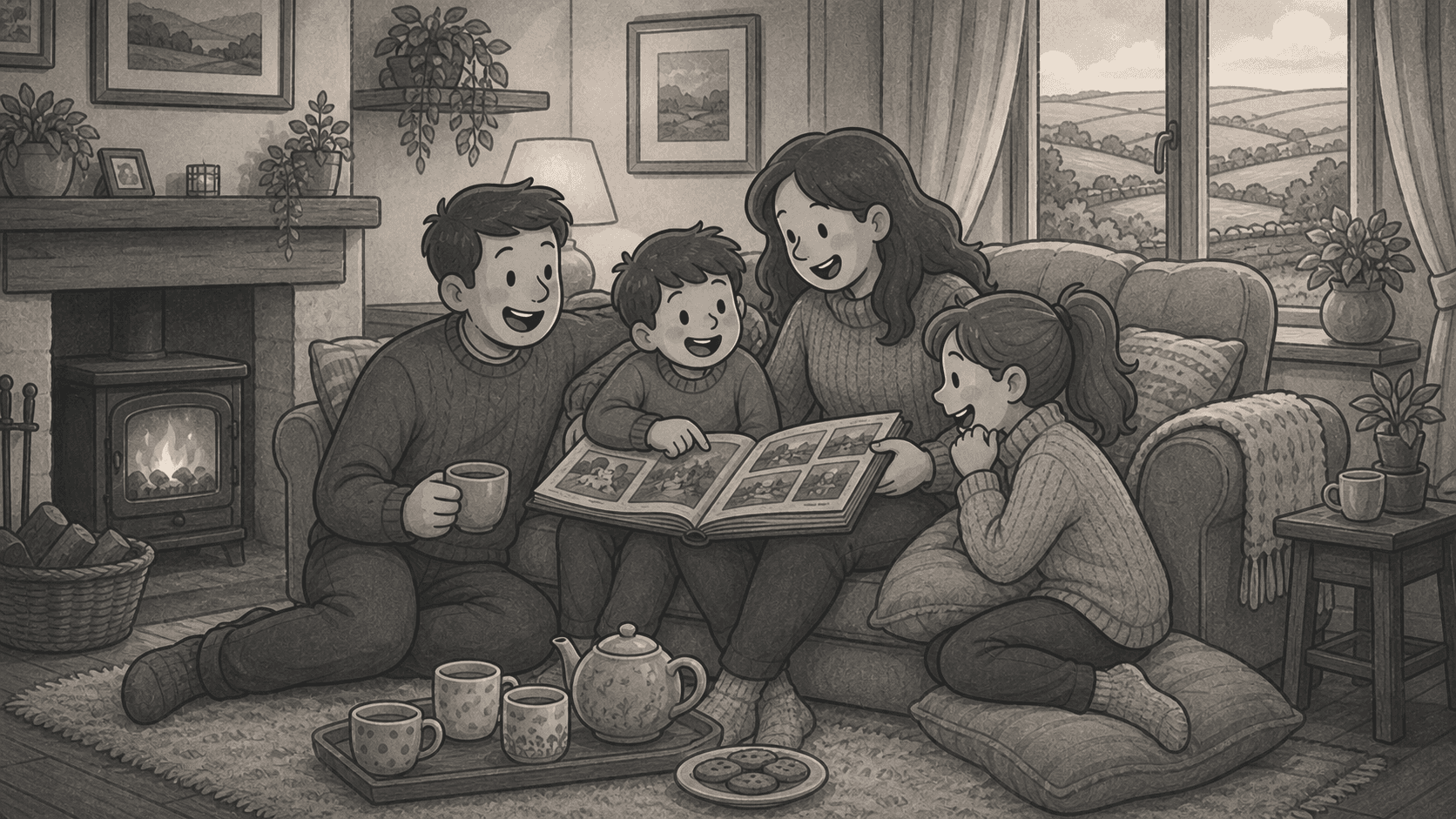 Family sharing tea and looking through a photo album together at home
