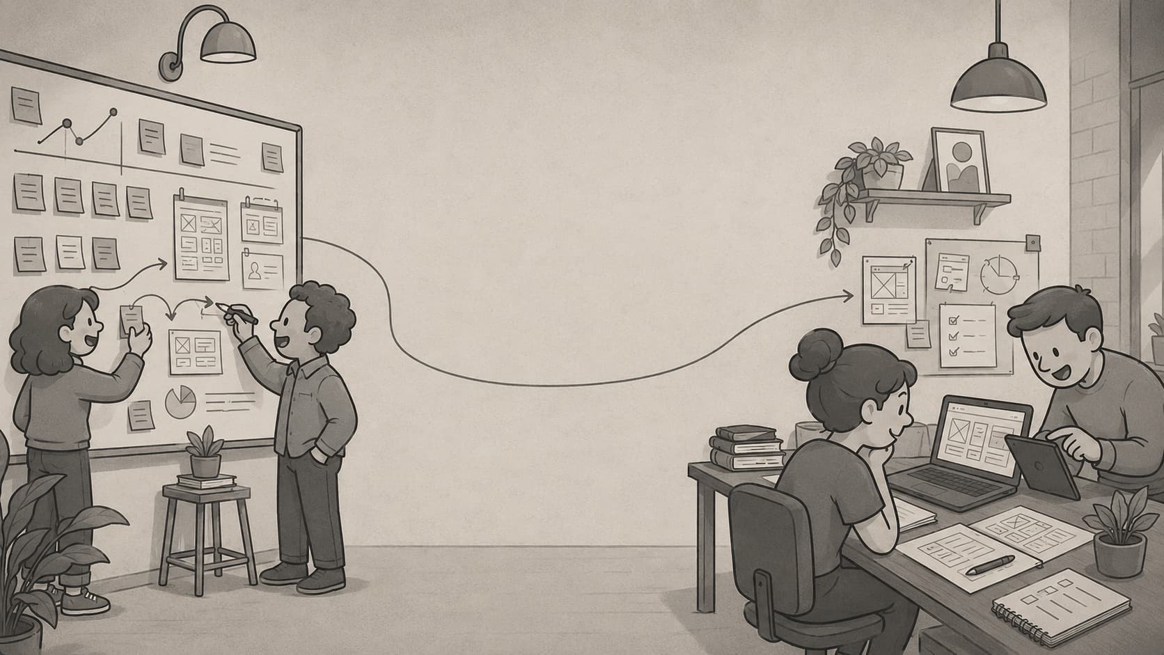 Illustrated product teams moving from discovery and planning into digital delivery